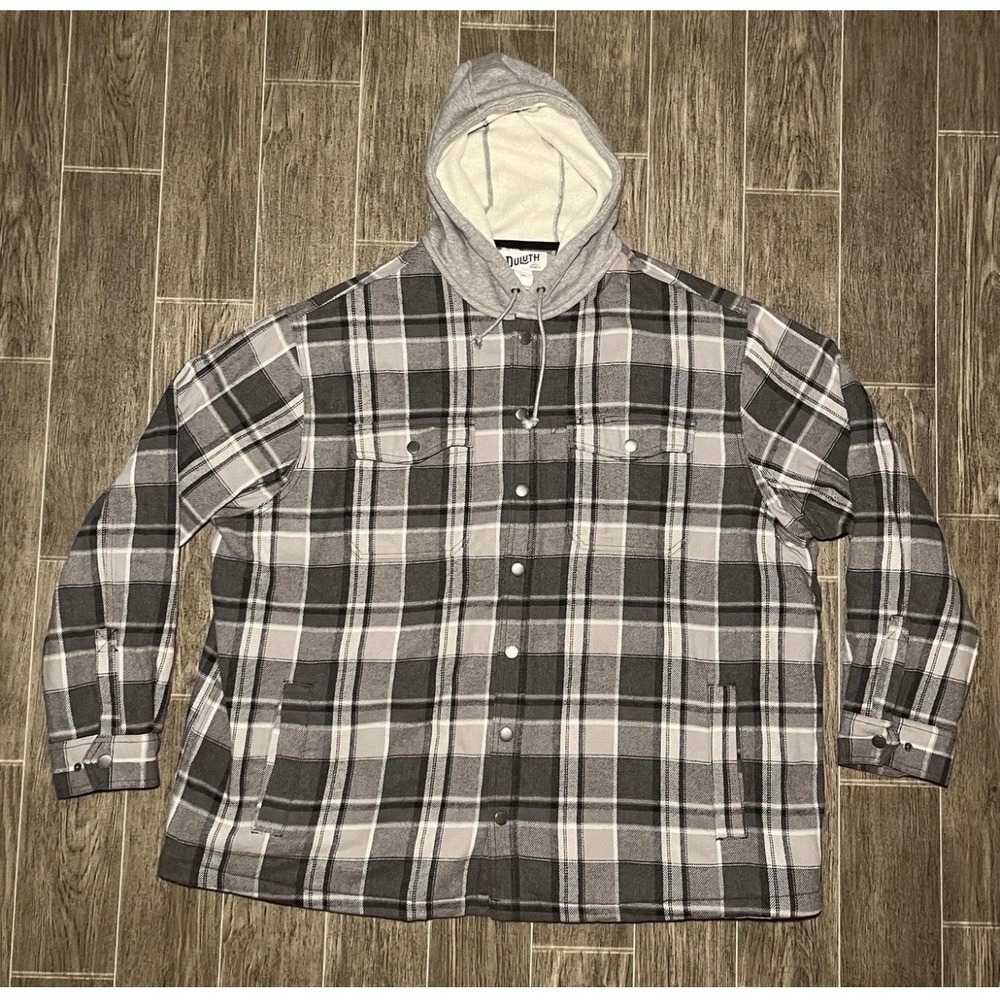 Duluth Flannel Shirt Jacket Mens 3XL Gray Hooded Fleece Lined Plaid